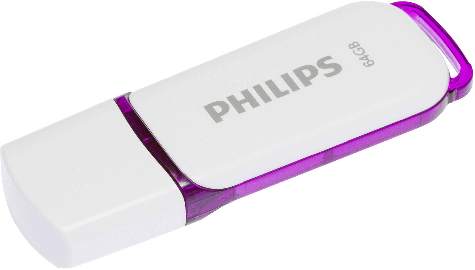 Pendrive firmy Philips o pojemności 64 GB, w białym kolorze z fioletowym akcentem.