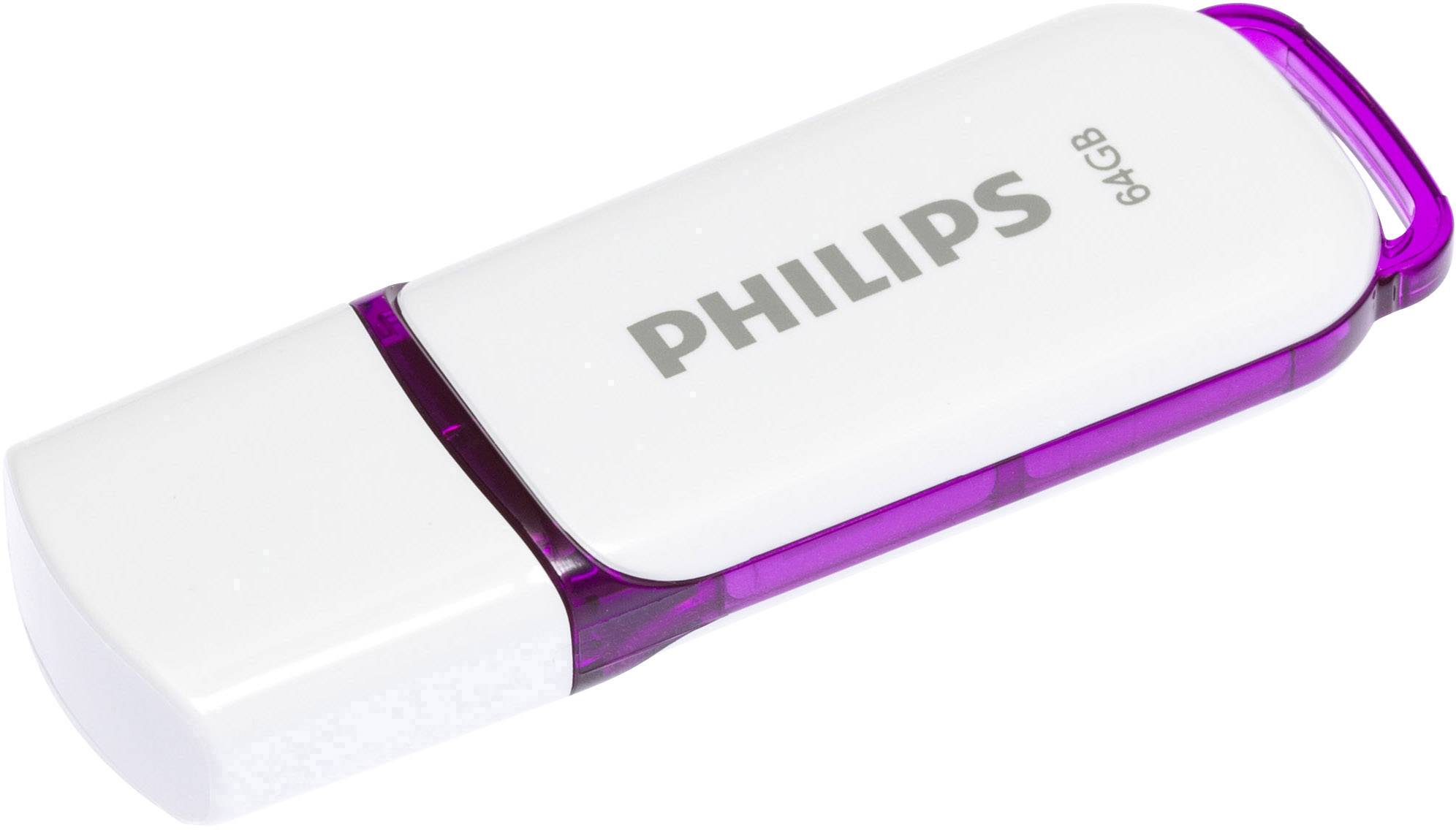 Pendrive Philips o pojemności 64 GB, w białej i fioletowej obudowie.