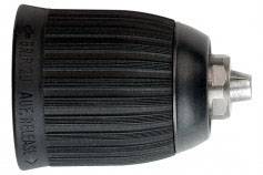 Czarny uchwyt wiertarski o żebrowanej powierzchni z metalowym, srebrnym zakończeniem.