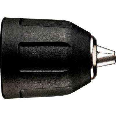 Zbliżenie czarnego adaptera uchwytu wiertarki elektrycznej z srebrnym metalowym końcem na białym tle.