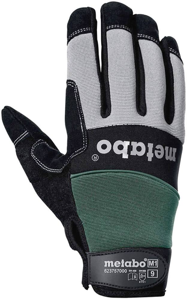 Rękawica robocza z szarymi i zielonymi strefami, czarną częścią chwytną i logo 'metabo' na grzbiecie dłoni.