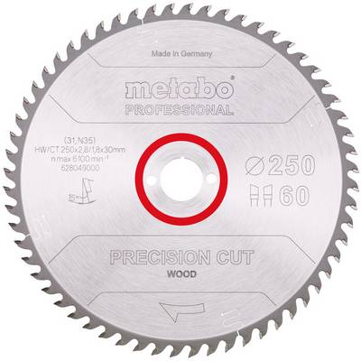 Srebrna profesjonalna tarcza do pilarki tarczowej Metabo oznaczona jako 'Precision Cut Wood', średnica 250 mm z 60 zębami i czerwonym pierścieniem w środku.