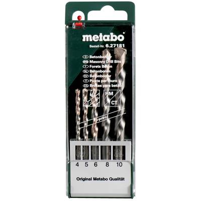 Pakiet zestawu wiertarek Metabo z pięcioma wiertłami do muru oznaczonymi 4, 5, 6, 8 i 10 mm.