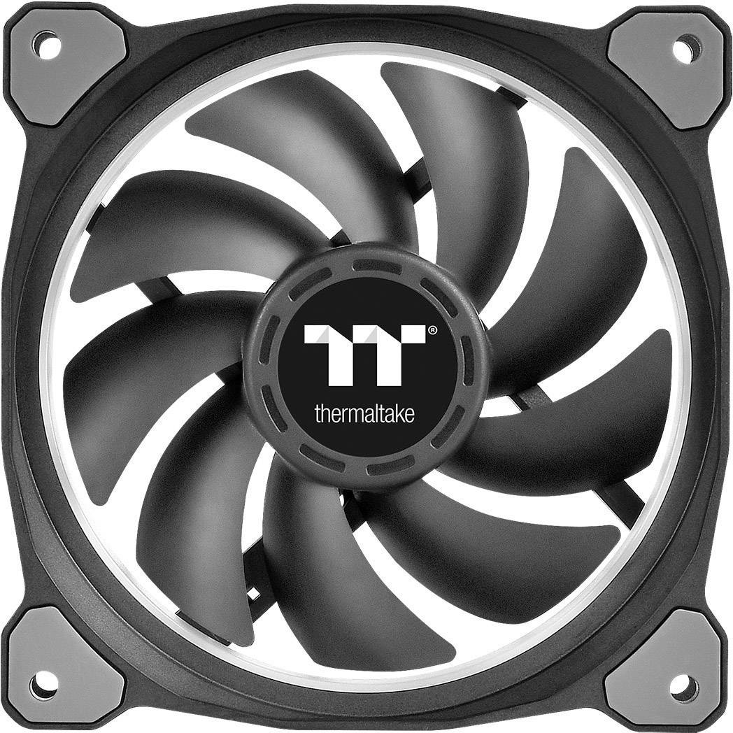 Czarny wentylator komputerowy marki Thermaltake, prezentujący osiem zakrzywionych łopatek w kwadratowej ramce.