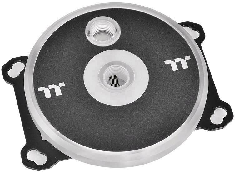 Okrągły chłodnik wodny CPU z dwoma przyłączami na czarnym tle z logo producenta.