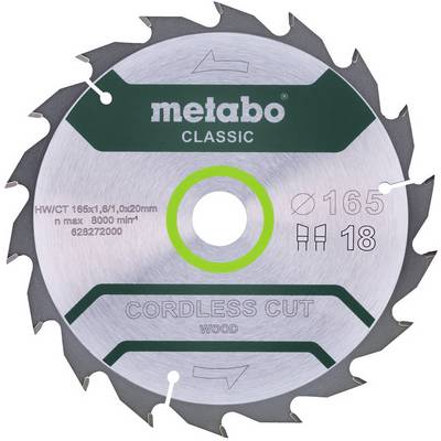 Metalowa okrągła tarcza do piły typu "metabo CLASSIC" z napisem "CORDLESS CUT WOOD", rozmiar 165 mm i 18 zębów.