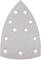 Papier ścierny o trójkątnym kształcie z ośmioma okrągłymi otworami, odpowiedni do użycia w szlifierkach lub do ręcznego szlifowania różnych powierzchni.