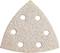 Trójkątny papier ścierny z sześcioma otworami, przeznaczony do użytku w szlifierce oscylacyjnej do obróbki powierzchni.