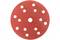 Czerwony papier ścierny z wieloma okrągłymi otworami równomiernie rozmieszczonymi wokół środka. Idealny do prac szlifierskich na powierzchniach okrągłych.