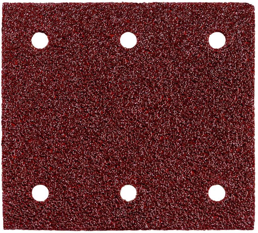 Prostokątny papier ścierny o grubym uziarnieniu z sześcioma otworami do mocowania w urządzeniu szlifierskim.