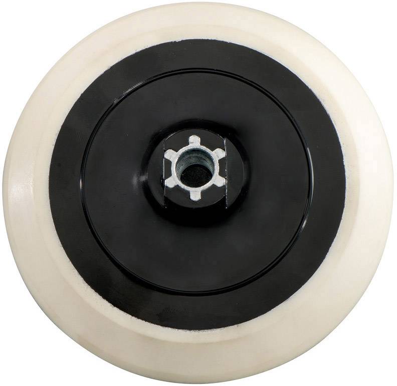 Białe koło z czarnym środkiem i metalową osią, prawdopodobnie zapasowe koło do mebli lub sprzętu przeznaczonego do użytku na twardej powierzchni.