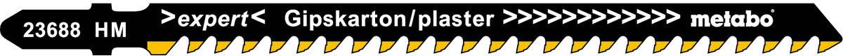 'Brzeszczot HM 23668 do płyt gipsowo-kartonowych i tynku, marka metabo. Projekt z zębami od dołu i żółtymi akcentami.'