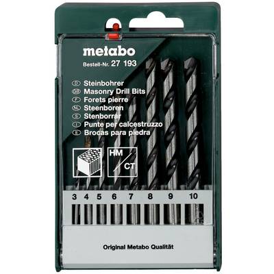 Zestaw wiertdeł do kamienia Metabo w plastikowym etui, zawierający sześć wiertdeł w rozmiarach od 3 do 10 mm.