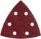 Czerwony, trójkątny arkusz papieru ściernego z sześcioma okrągłymi otworami.