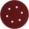 Czerwony papier ścierny z sześcioma otworami, w kształcie koła.