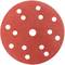 Czerwony papier ścierny o okrągłym kształcie z wieloma otworami, przeznaczony do użycia w szlifierkach, stosowany do obróbki powierzchni.