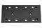 Prostokątny element metalowy z wieloma otworami o kołowym kształcie, rozmieszczonymi symetrycznie. Nadaje się do montażu budowlanego lub maszynowego.