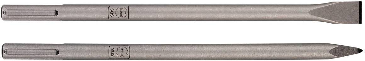 Dwa metalowe dłuta SDS, jedno z płaskim zakończeniem, a drugie ze špiczastym grotem, leżą obok siebie na białym tle.