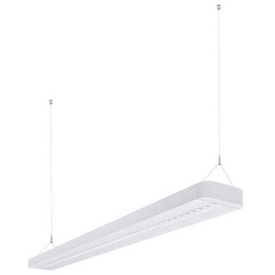 Długa, prostokątna lampa wisząca z dwoma cienkimi przewodami mocowanymi do sufitu. Lampa jest nowocześnie i minimalistycznie zaprojektowana.