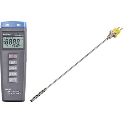 Cyfrowy termometr z długim, metalowym czujnikiem pomiarowym. Wyświetlacz pokazuje '888.8'. Urządzenie przystosowane do pomiaru temperatur od -200°C do 1370°C.