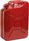 Czerwony metalowy kanister o pojemności 20 litrów, odpowiedni do bezpiecznego przechowywania paliwa.