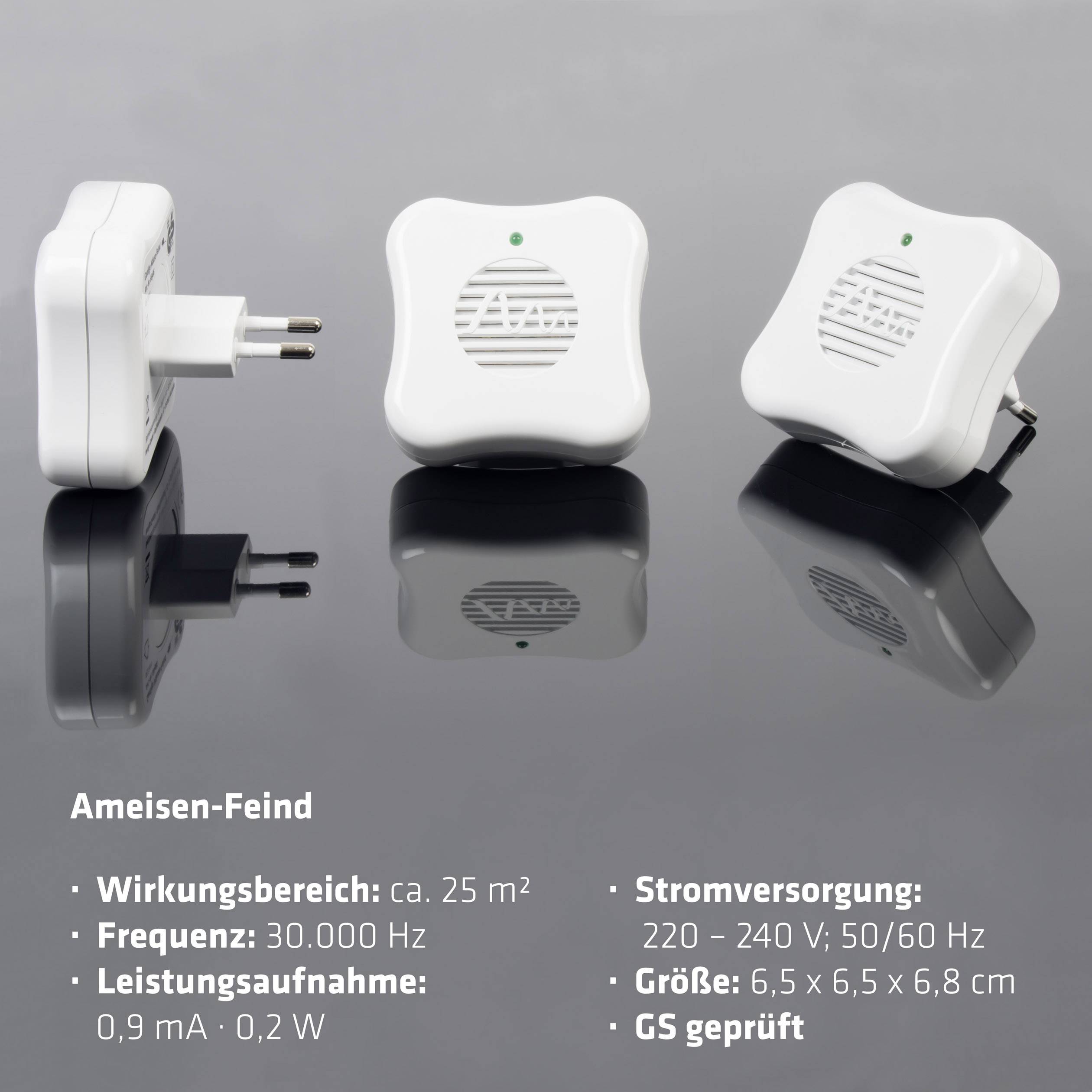 Trzy elektroniczne zwalczacze szkodników na szarym tle, przeznaczone do zwalczania mrówek. Szczegóły dotyczące częstotliwości, działania i zasilania.