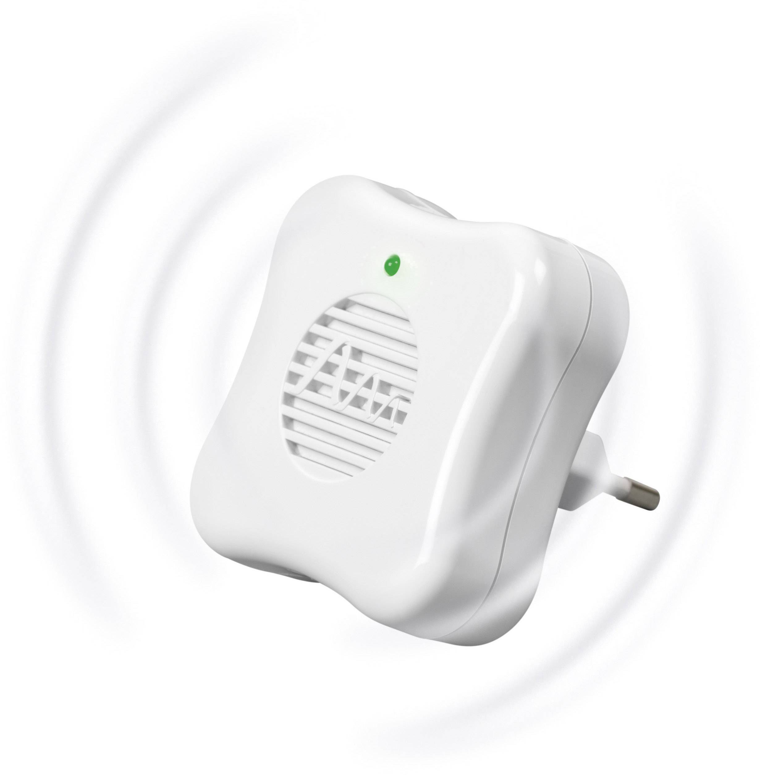 Biały elektroniczny wtyk z wbudowanym głośnikiem i zielonym wskaźnikiem, zamontowany na ścianie.