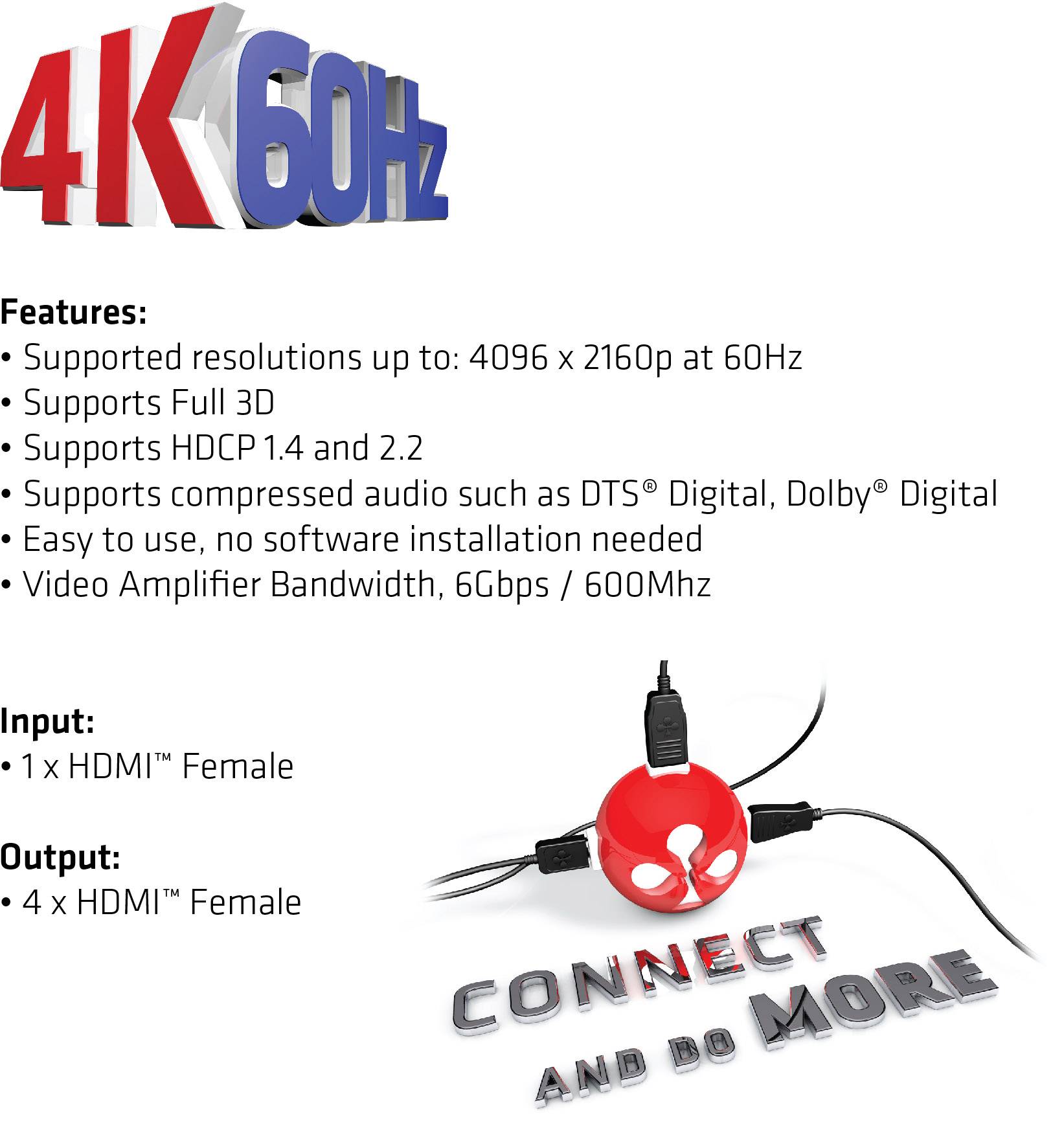 Adapter 4K 60Hz: Obsługuje rozdzielczość do 4096x2160, Full 3D, HDCP 1.4/2.2. Łatwy w użyciu, nie wymaga sterowników. 1 wejście HDMI, 4 wyjścia HDMI.