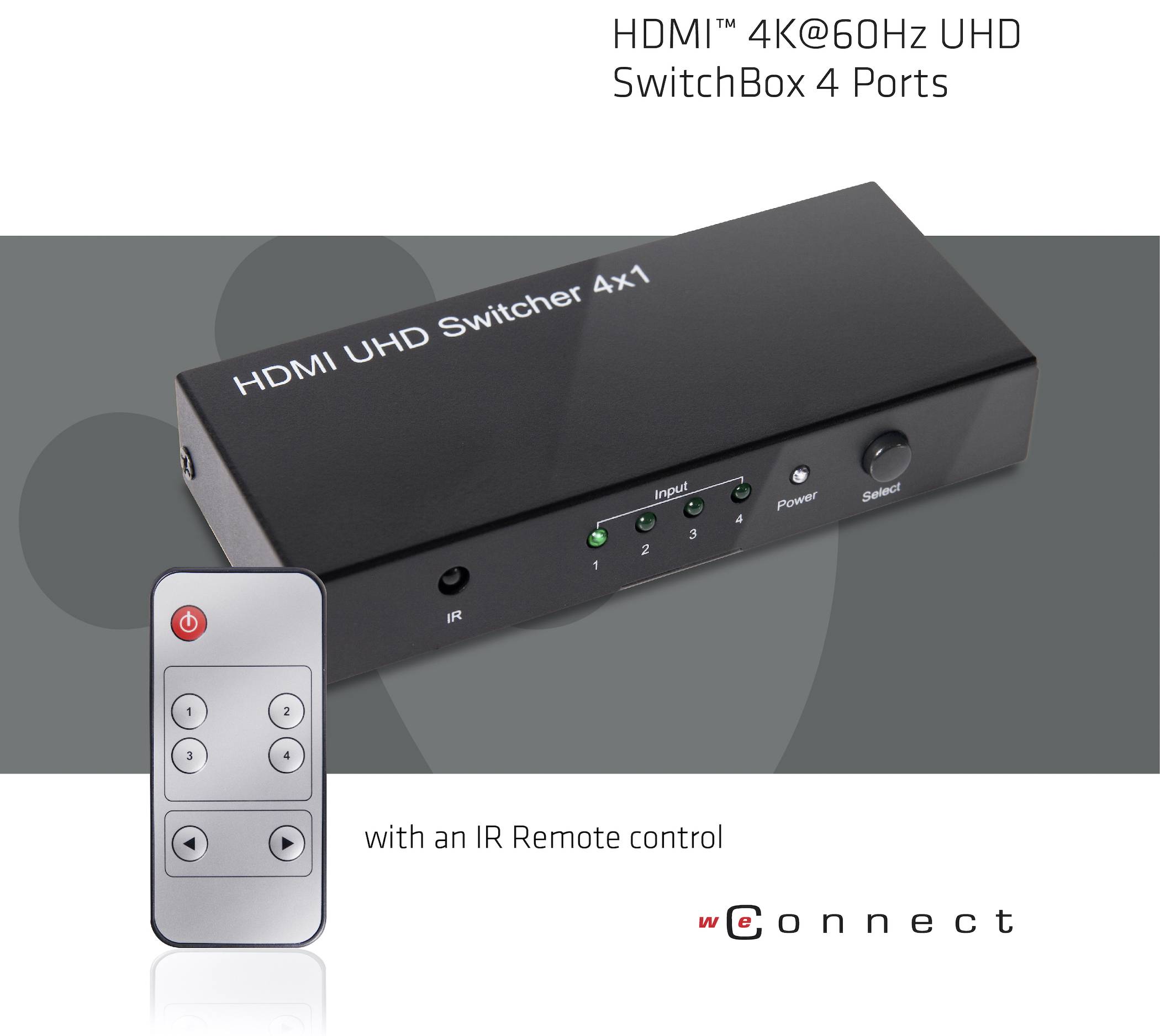 Czarny przełącznik HDMI UHD z czterema portami i pilotem, obsługujący przepustowość 4K@60Hz. Marka 'wConnect'.