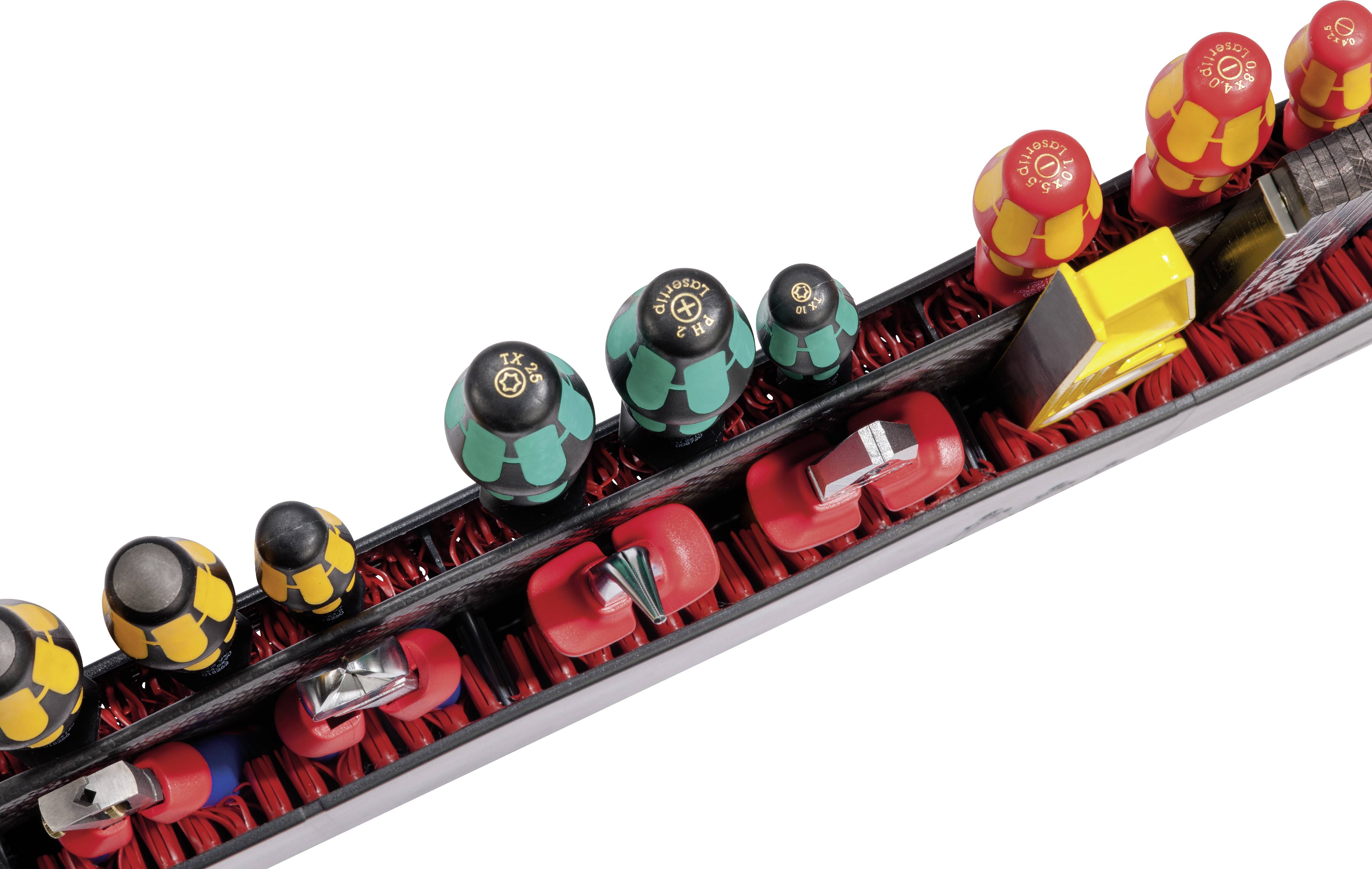 Zestaw narzędzi widziany z góry, składający się ze śrubokrętów i kluczy nasadowych w różnych kolorach. Narzędzia ułożone w porządku.