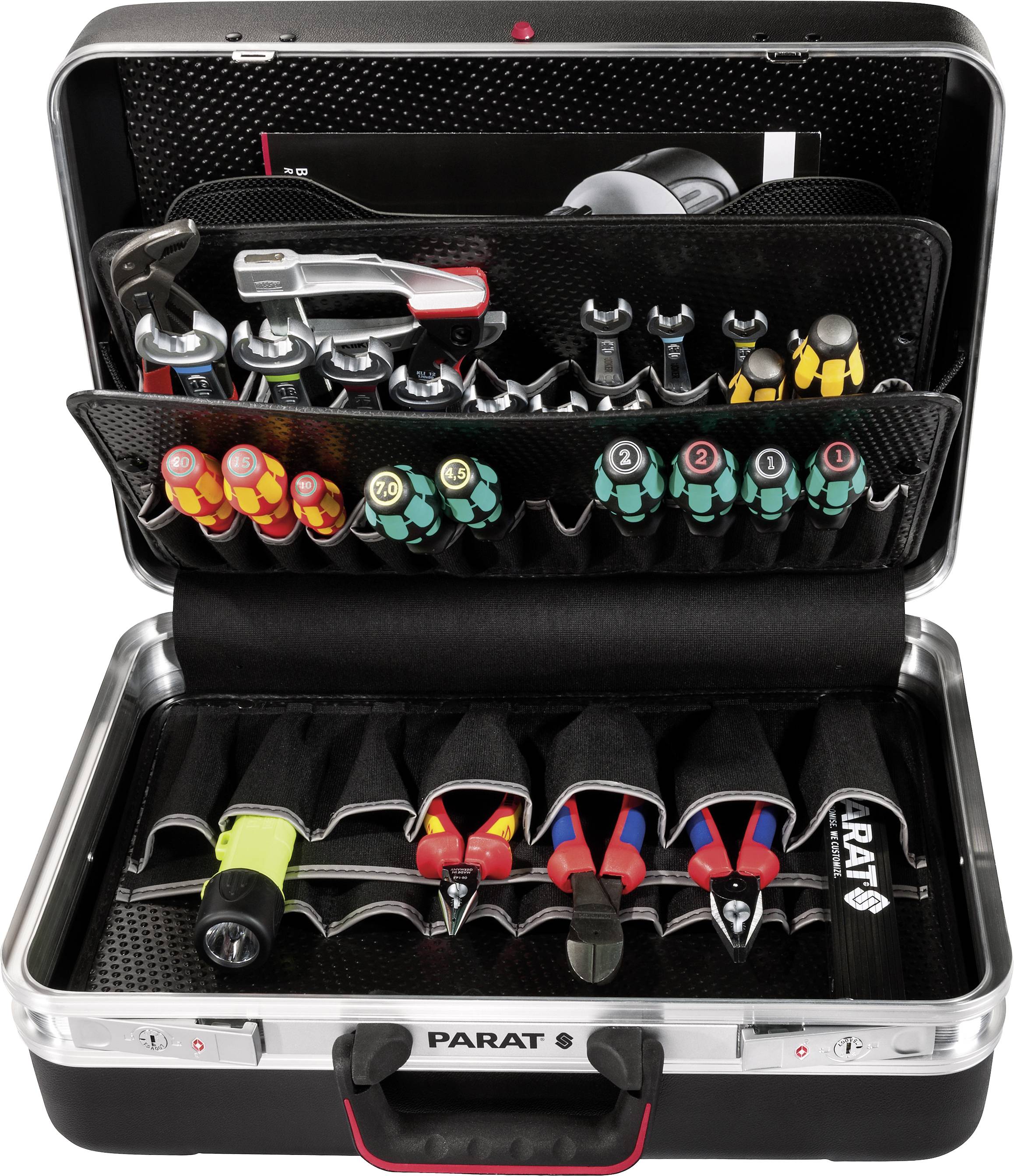 Otwarty przybornik z różnymi śrubokrętami, szczypcami i narzędziami starannie ułożonymi w przegródkach.