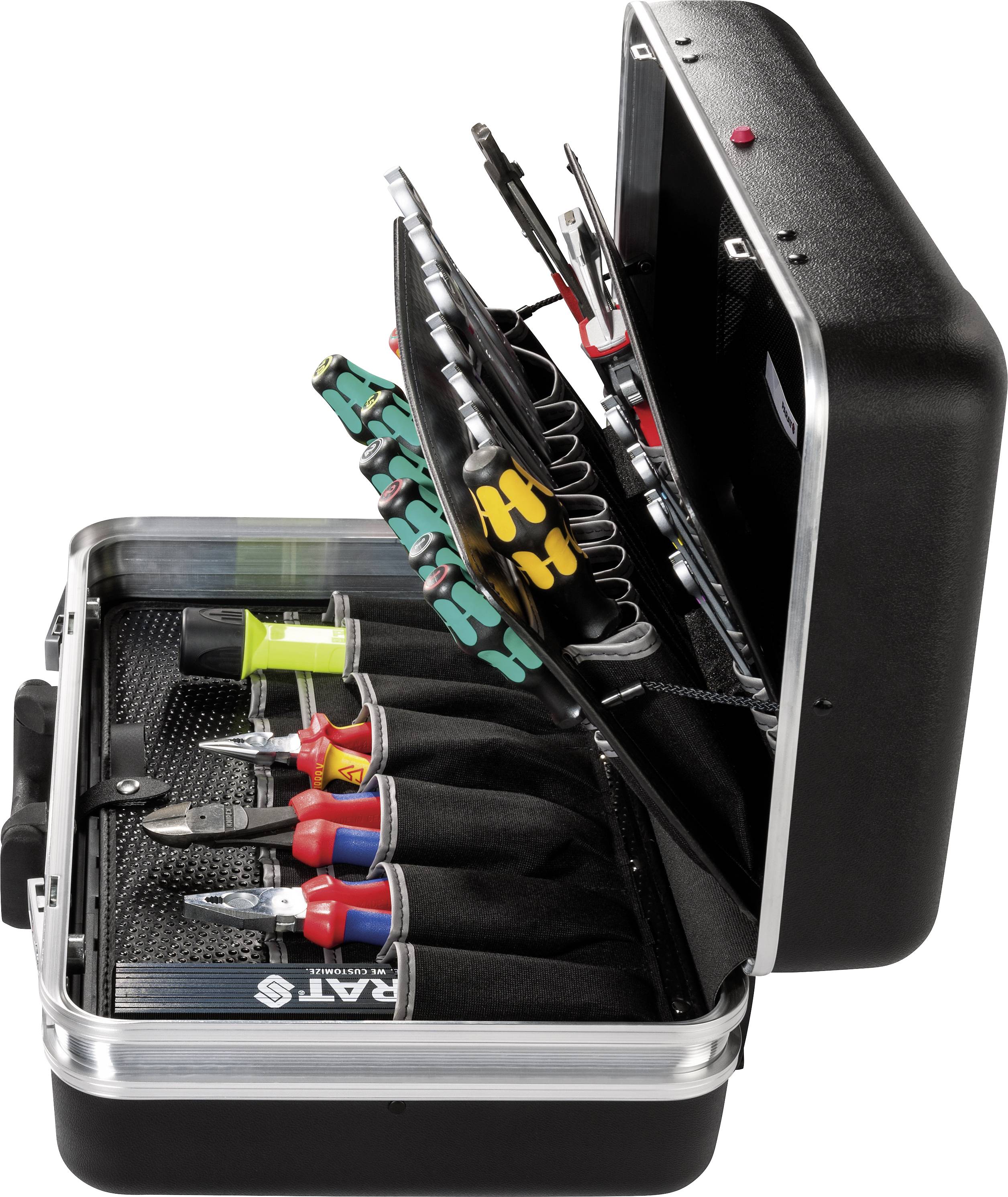 Otwarty kufer narzędziowy z różnymi narzędziami, takimi jak śrubokręty, szczypce i obcinacze do drutu, ułożonymi w schludny sposób.