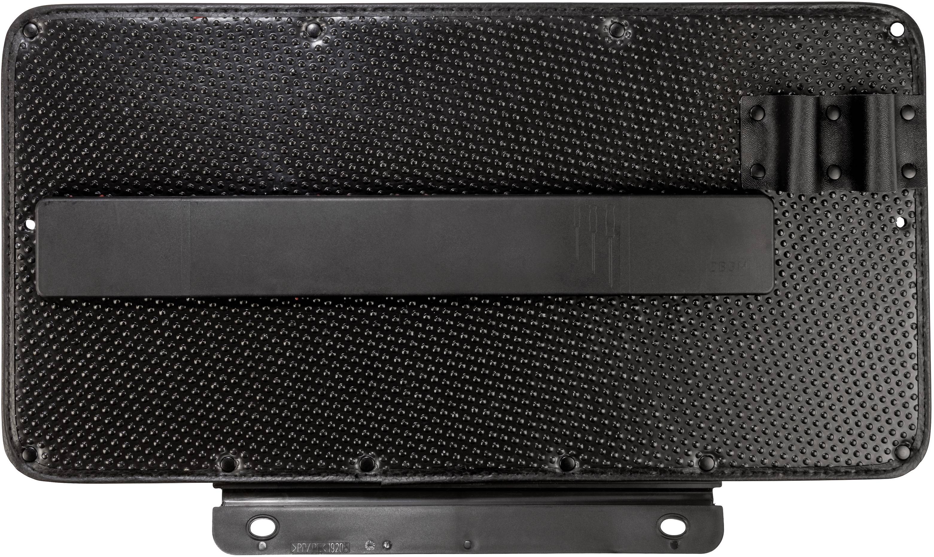 Czarna, prostokątna ramka na tablicę rejestracyjną z teksturowanym wzorem i wieloma punktami mocowania.