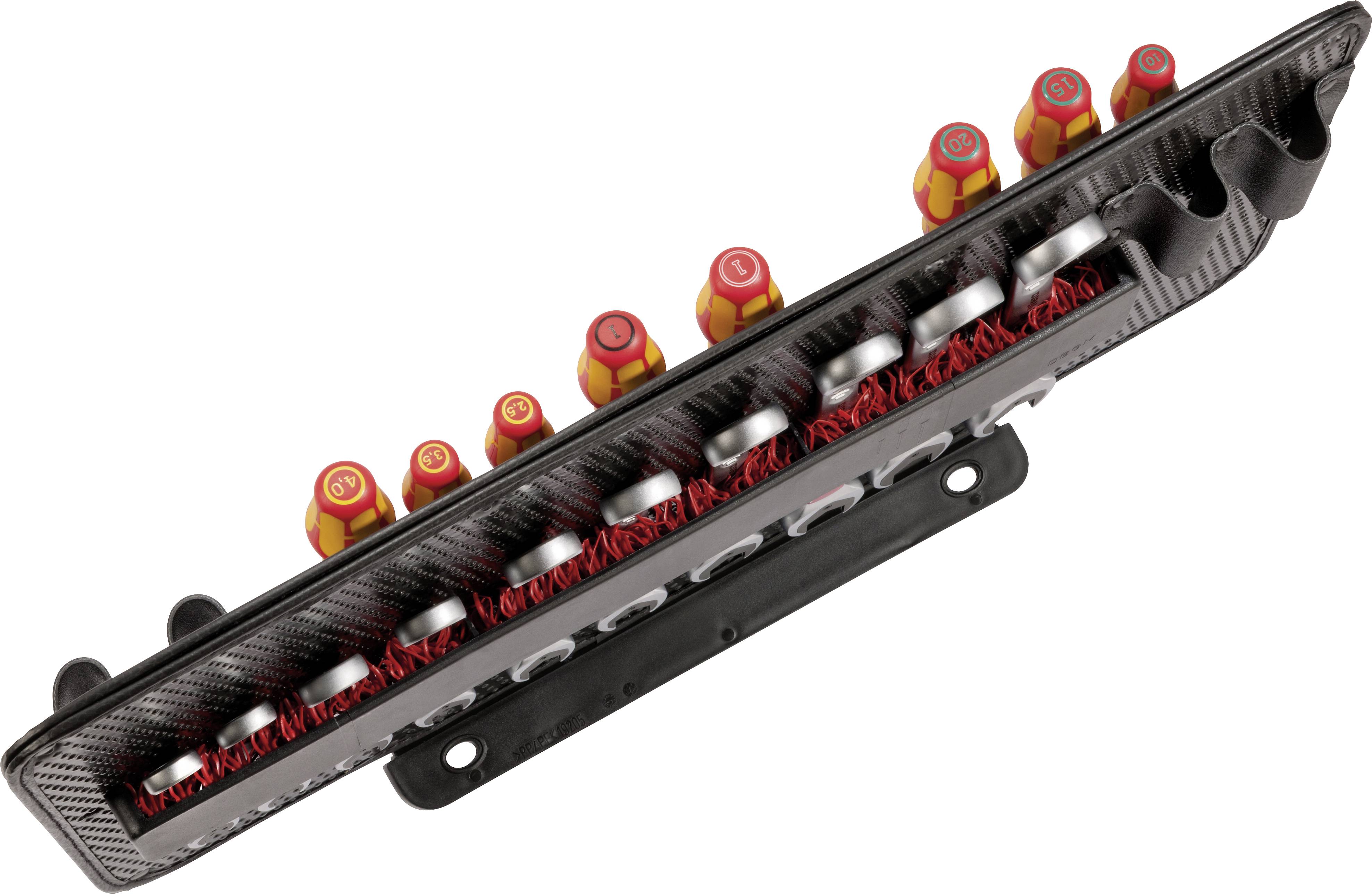 Zestaw wkrętaków w uchwycie, z kolorowymi rękojeściami, ułożony w uporządkowanym rzędzie, prezentujący różne rozmiary i typy.