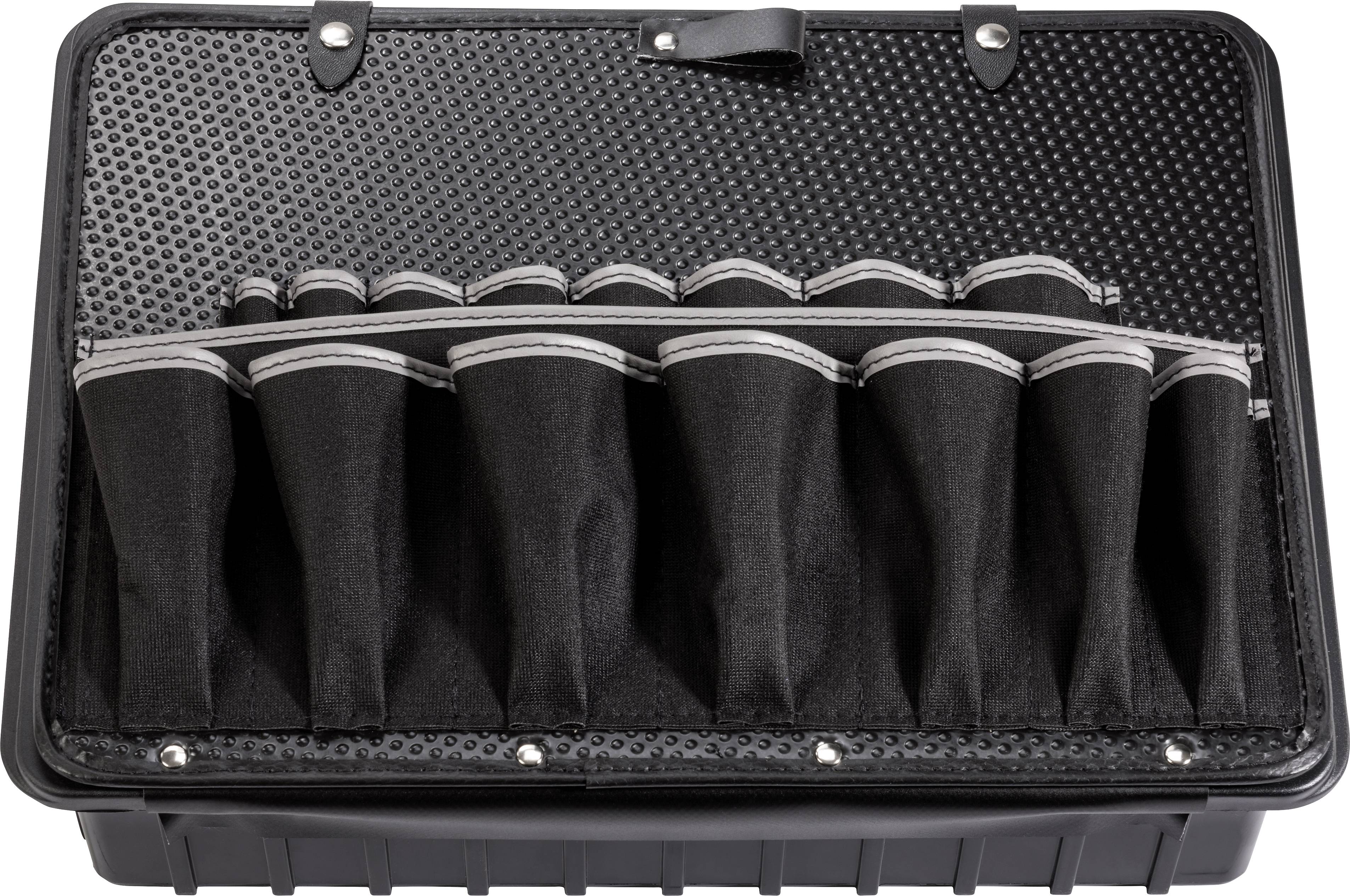 Czarny kufer na narzędzia z wieloma pustymi kieszonkami wewnętrznymi, specjalnie zaprojektowany do bezpiecznego przechowywania i organizacji narzędzi.