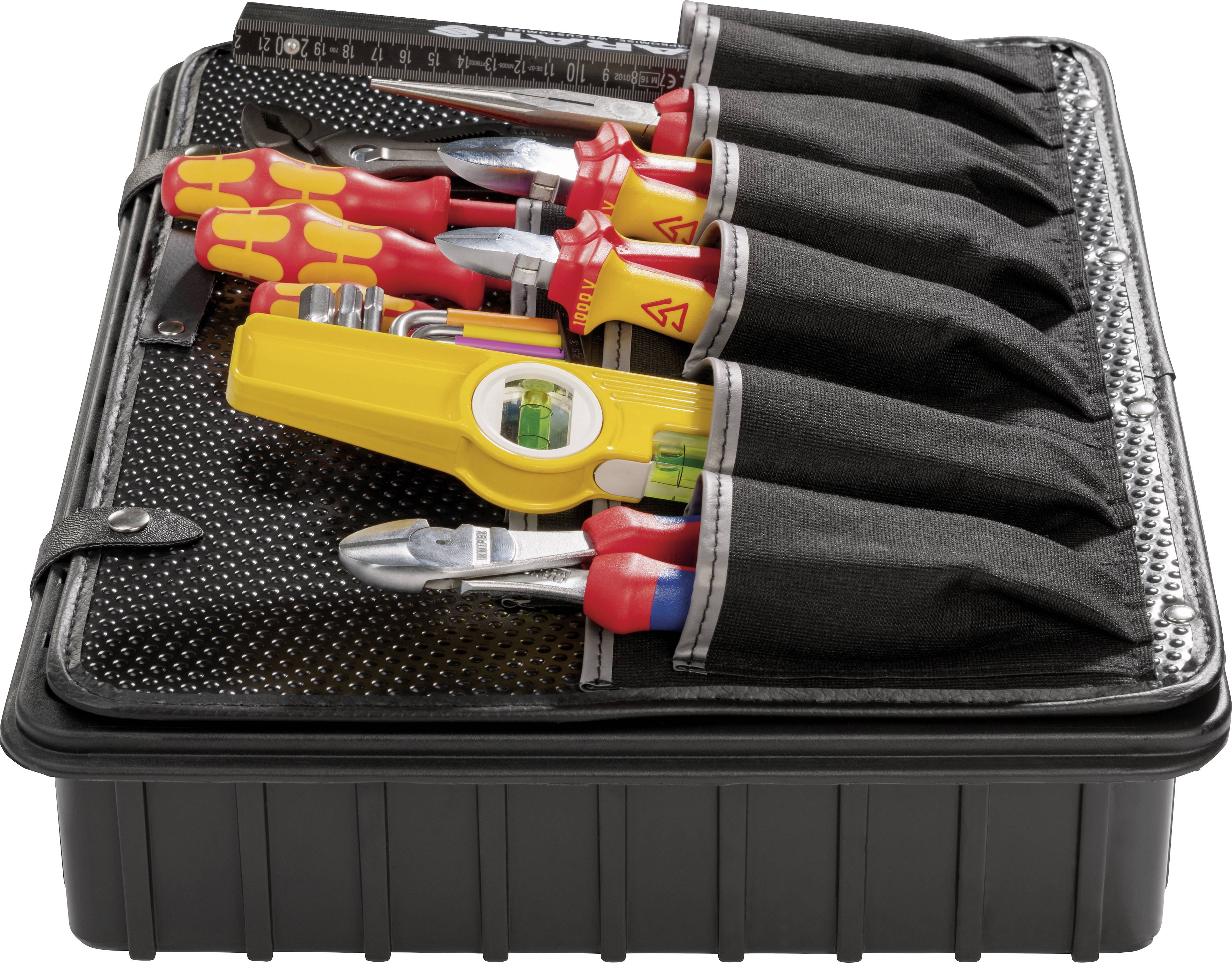 Zestaw narzędzi w czarnym plastikowym pojemniku, zawierający śrubokręty, poziomnicę i szczypce, starannie ułożone w przegródkach.