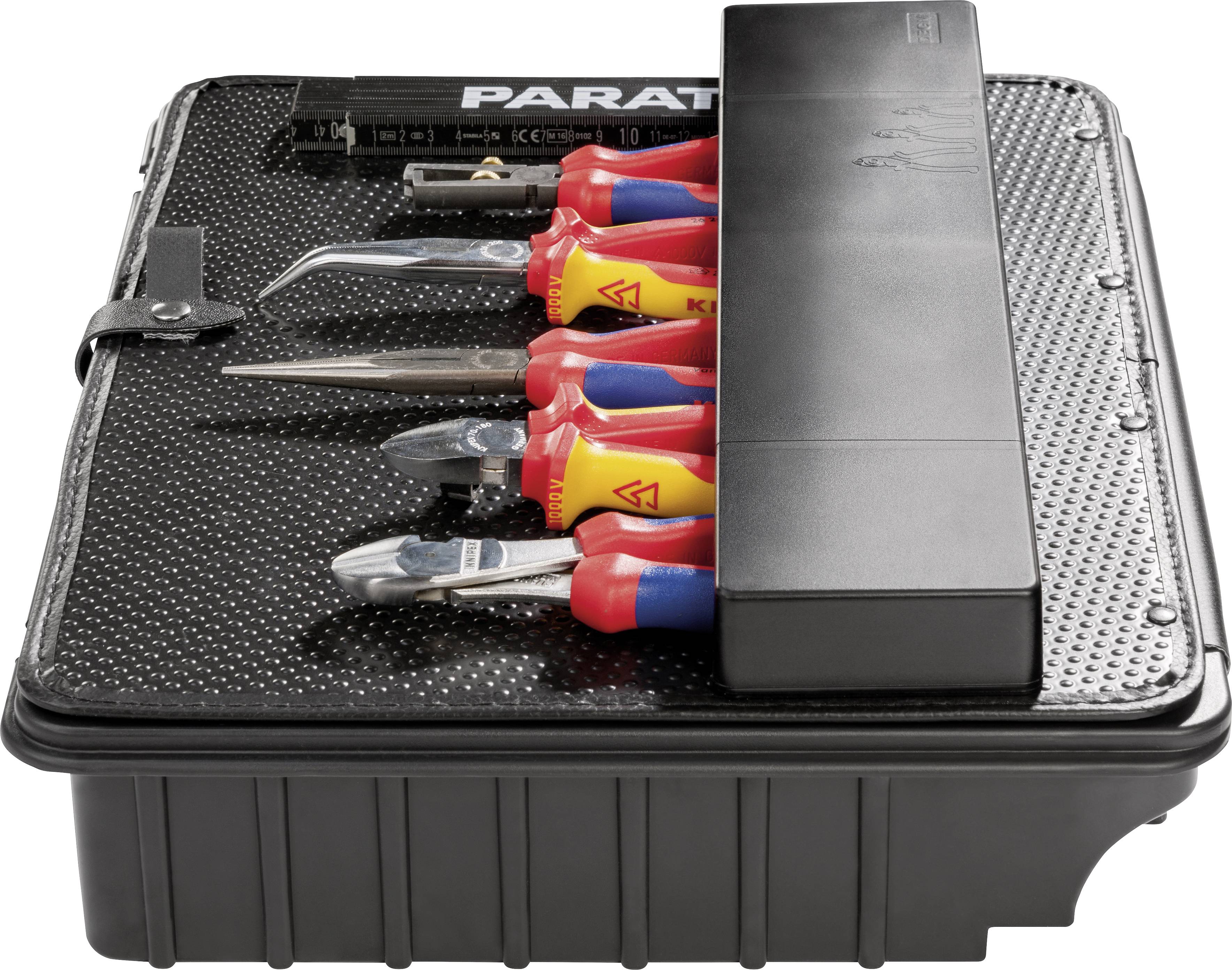 Czarny skrzynka narzędziowa zawiera zestaw kolorowych wkrętaków i szczypiec, ułożonych starannie obok siebie.