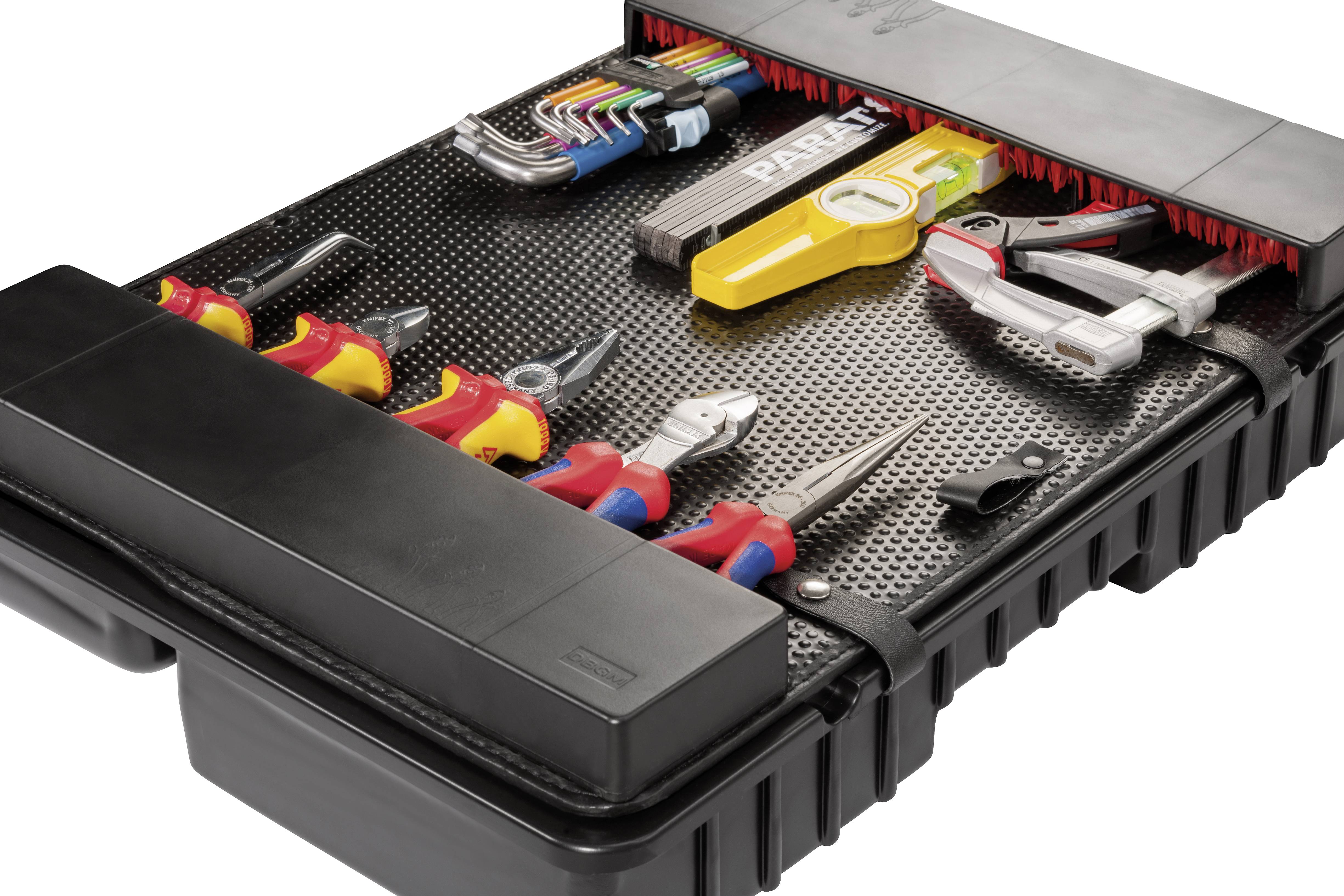 Skrzynka narzędziowa z różnymi narzędziami, w tym wkrętakami, szczypcami i kluczami imbusowymi, starannie ułożonymi w jednym przedziale.