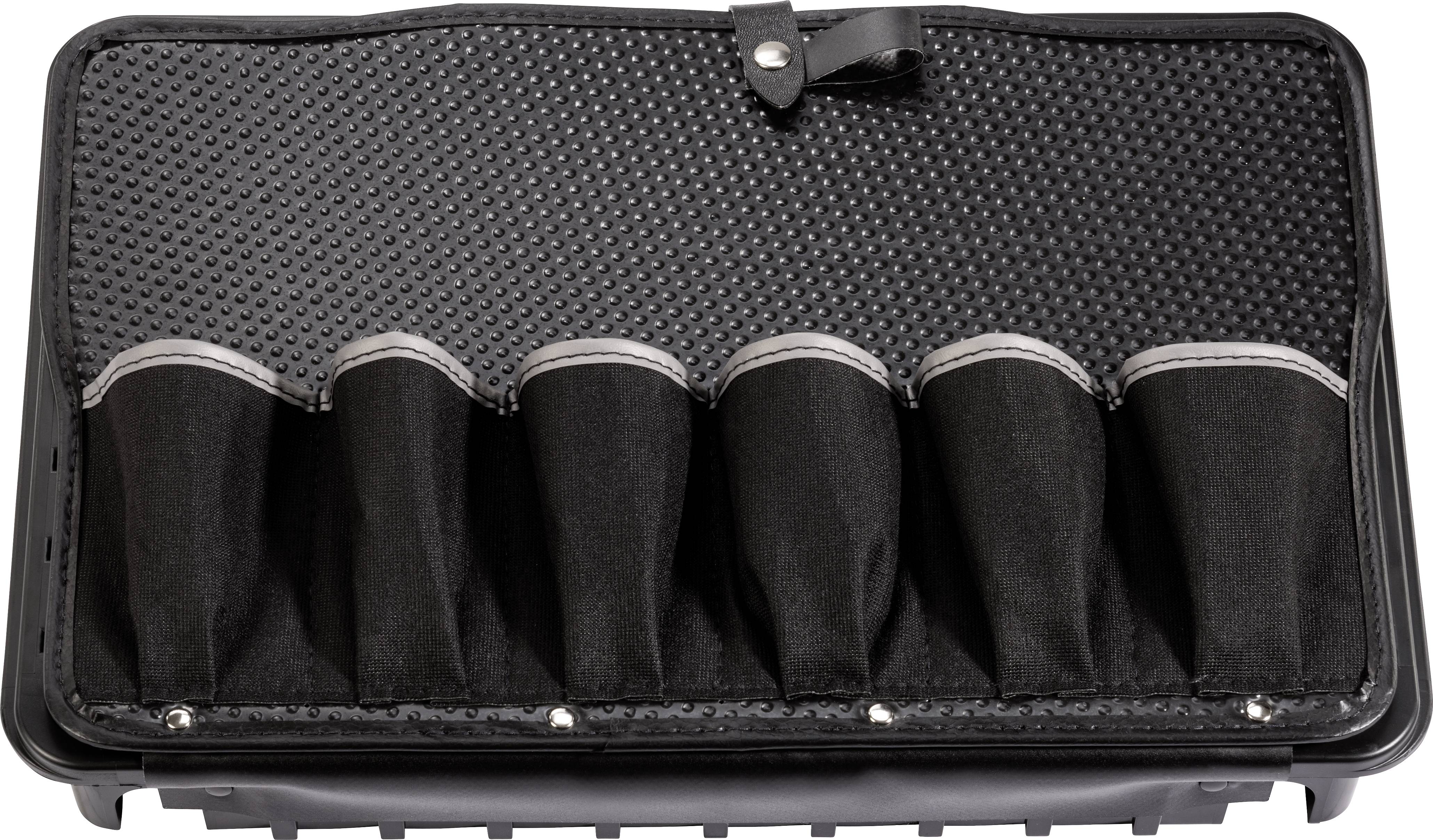 Pojemnik z sześcioma czarnymi kieszeniami ułożonymi pionowo, przeznaczony do przechowywania małych narzędzi lub butelek.