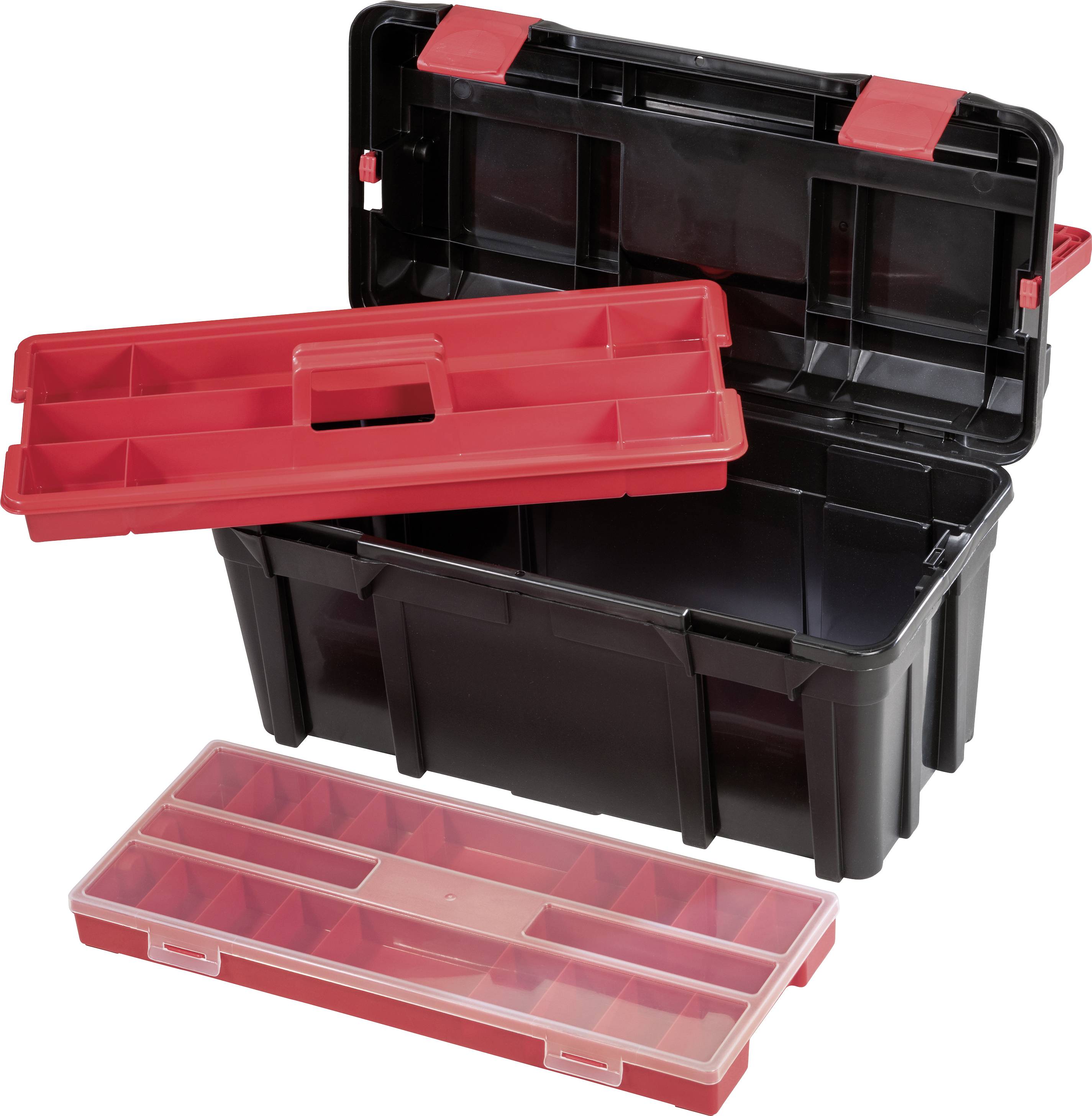 Otwarty czarny pojemnik z dwoma wyjmowanymi czerwonymi wkładkami do przechowywania narzędzi.
