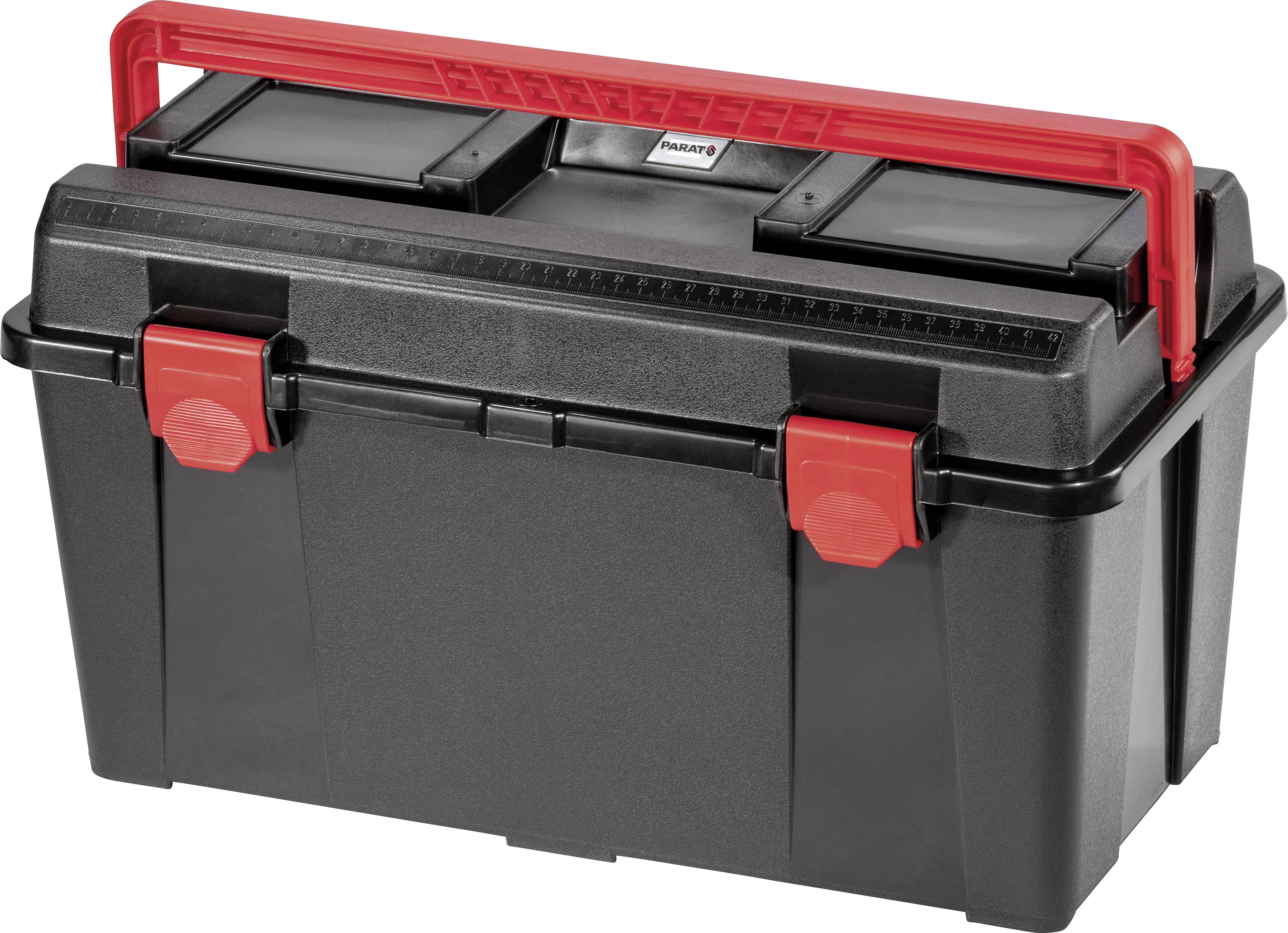 Czarna skrzynka narzędziowa z czerwonym uchwytem i dwoma czarnymi przegródkami na wieku, widoczna w zamkniętej pozycji.