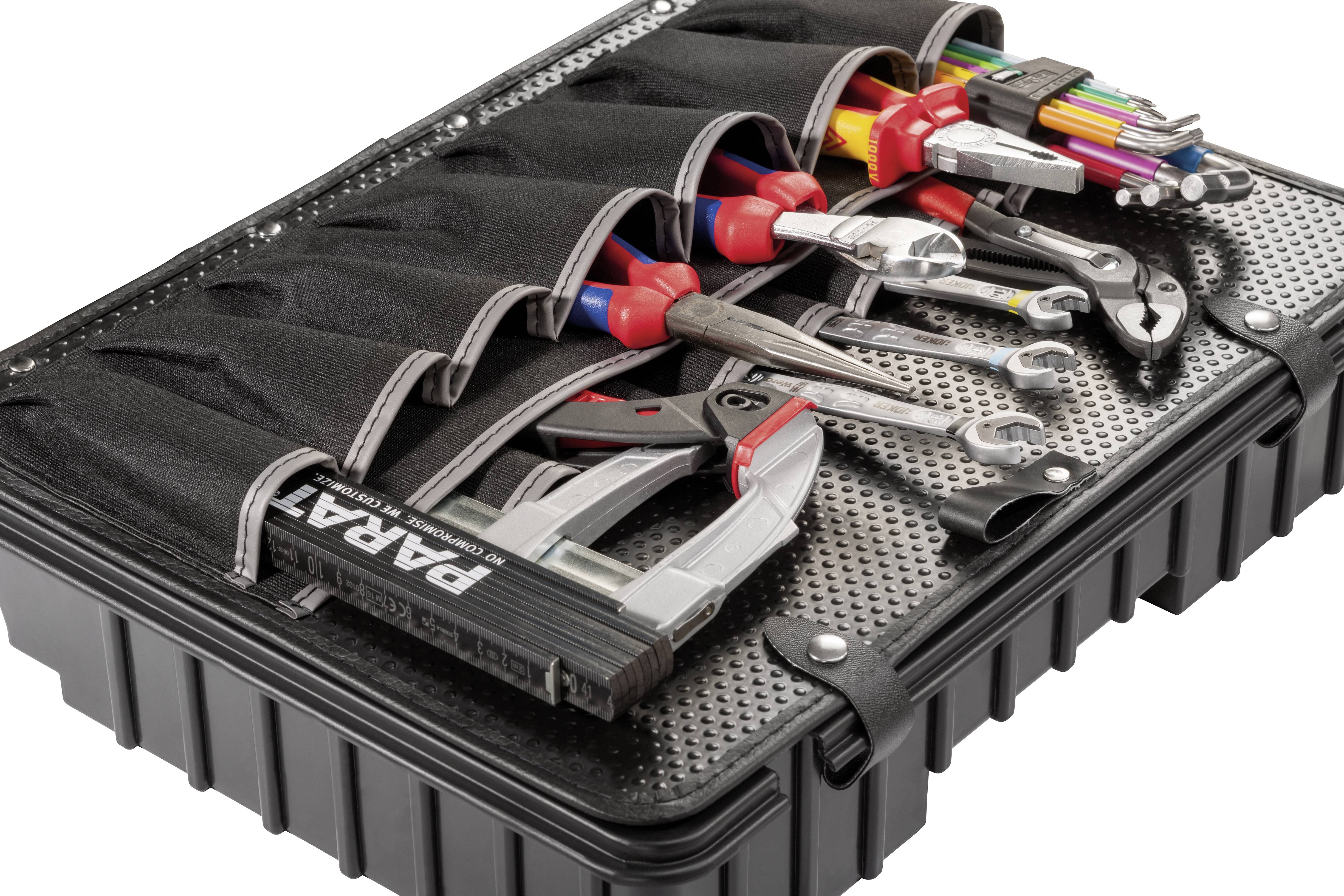 Różne narzędzia, w tym śrubokręty, szczypce i klucze, są starannie ułożone w otwartej skrzynce narzędziowej.