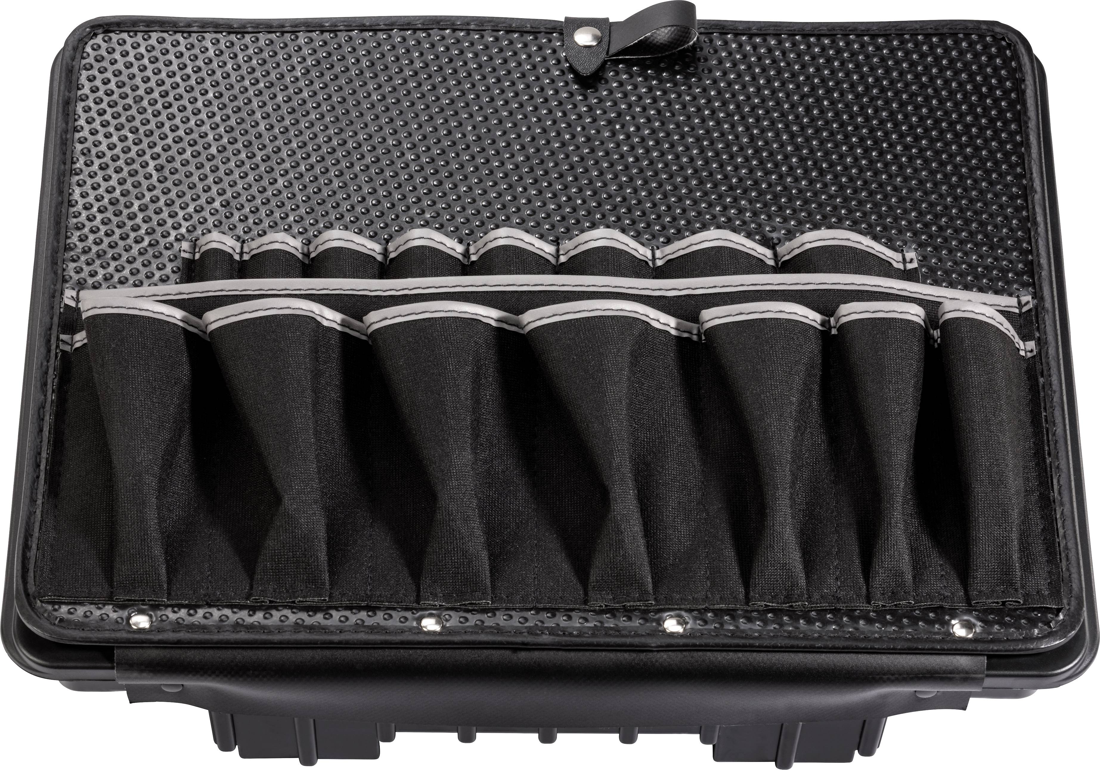 'Otwarty czarny kufer na narzędzia z dziewięcioma przegródkami o różnych rozmiarach do bezpiecznego przechowywania narzędzi.'