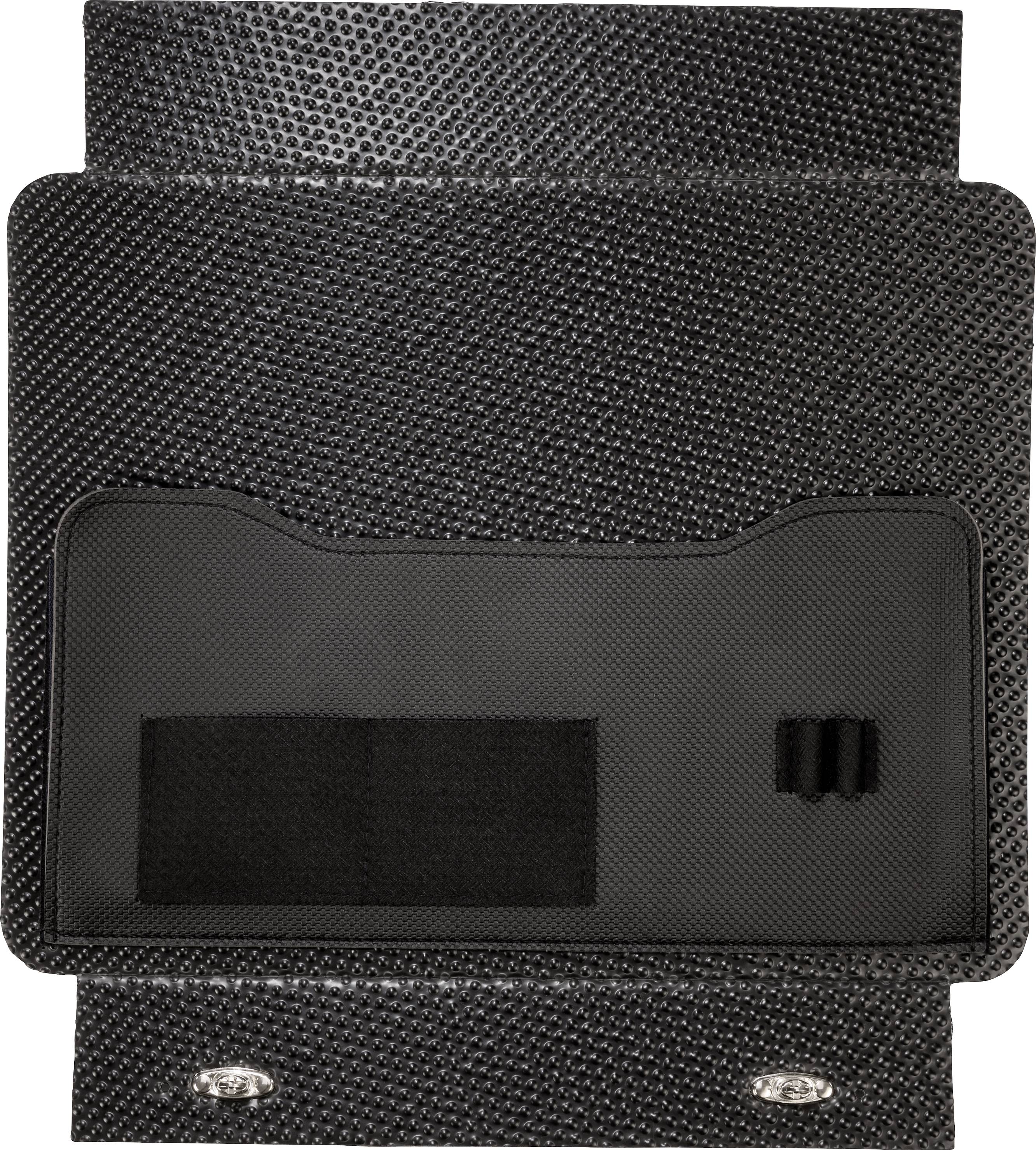 Rysunek przedstawia wnętrze czarnej teczki o strukturowanej powierzchni. Posiada kilka kieszeni i pętli.