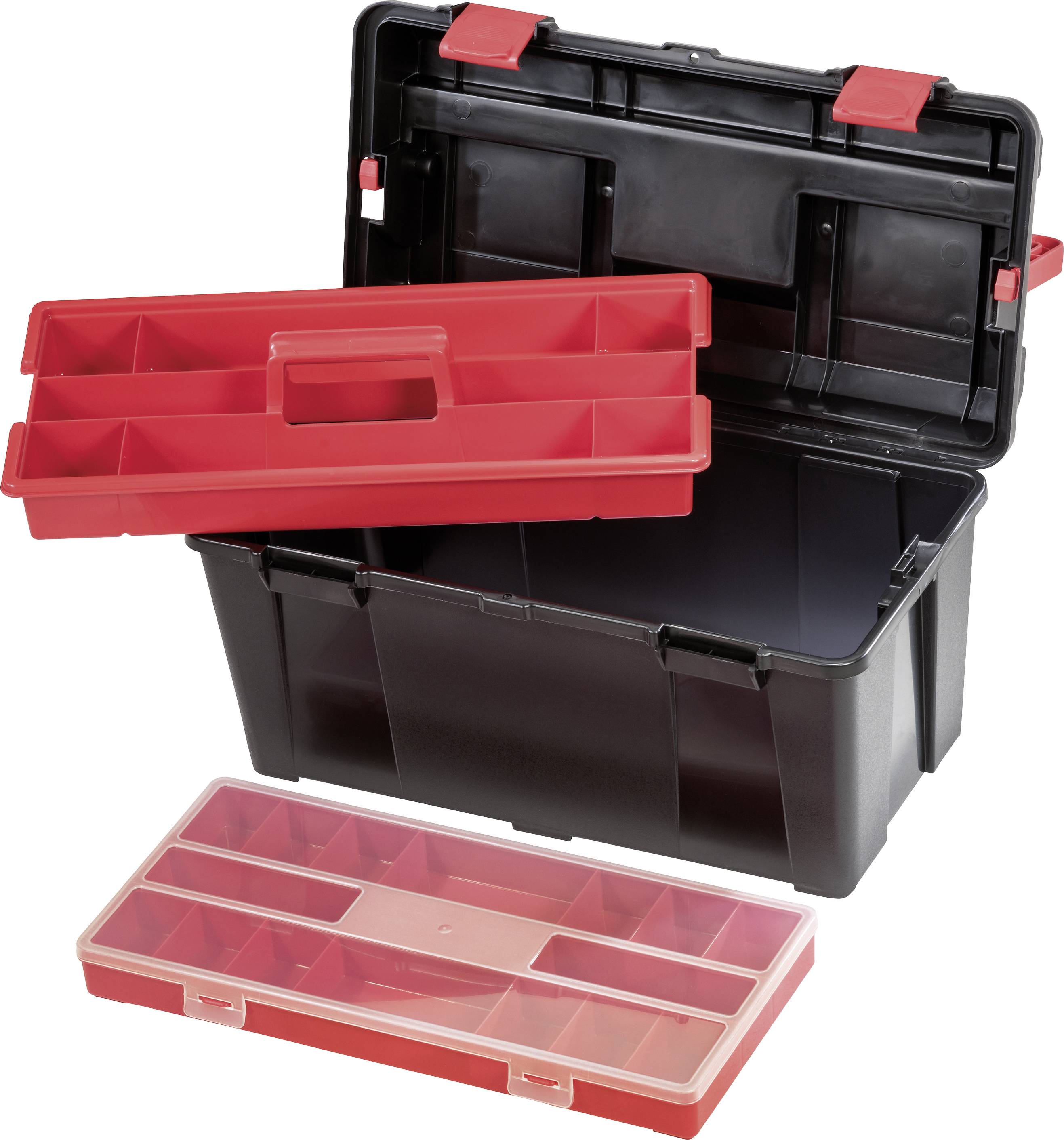 Czarny skrzynka narzędziowa z otwartą pokrywą i wyjmowanymi czerwonymi przegródkami na drobne elementy. Widoczne są dwie wkładki.