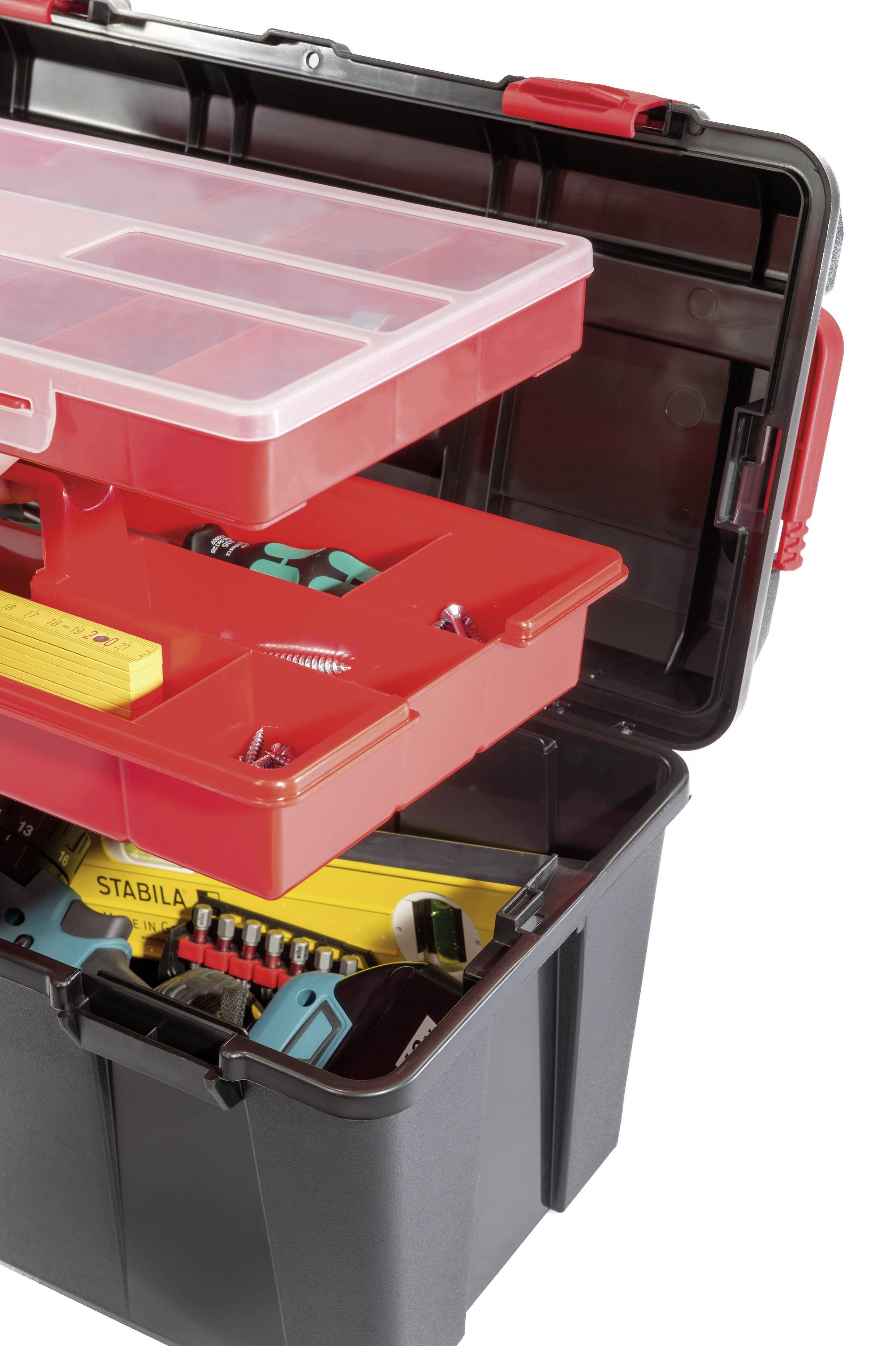 Skrzynka narzędziowa z otwartą pokrywą prezentuje różne narzędzia i akcesoria: śrubokręty, klucze i wiertła.