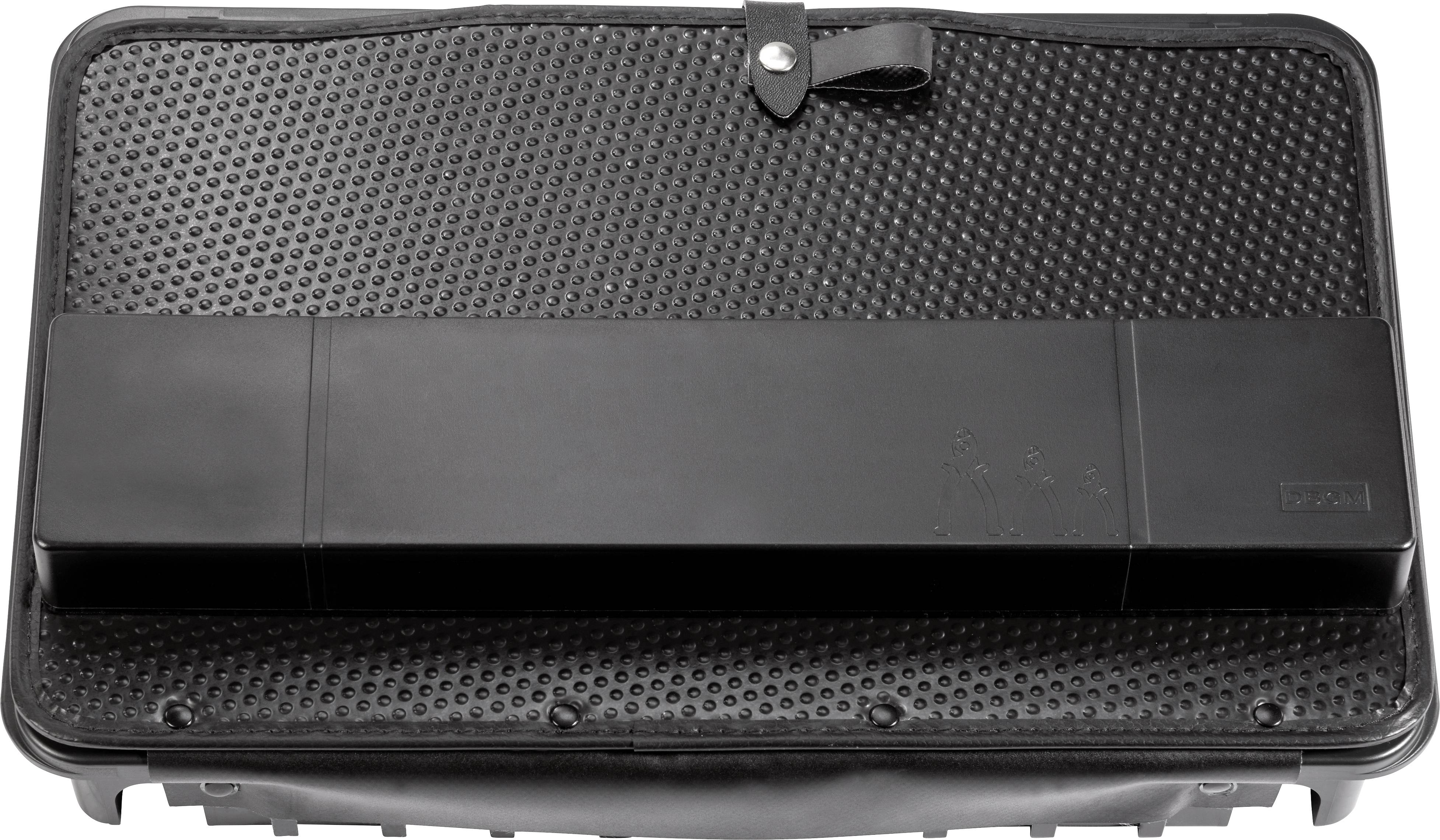 Prostokątny, czarny pojemnik z tworzywa sztucznego o strukturowanej powierzchni z pasem zamykającym pośrodku.