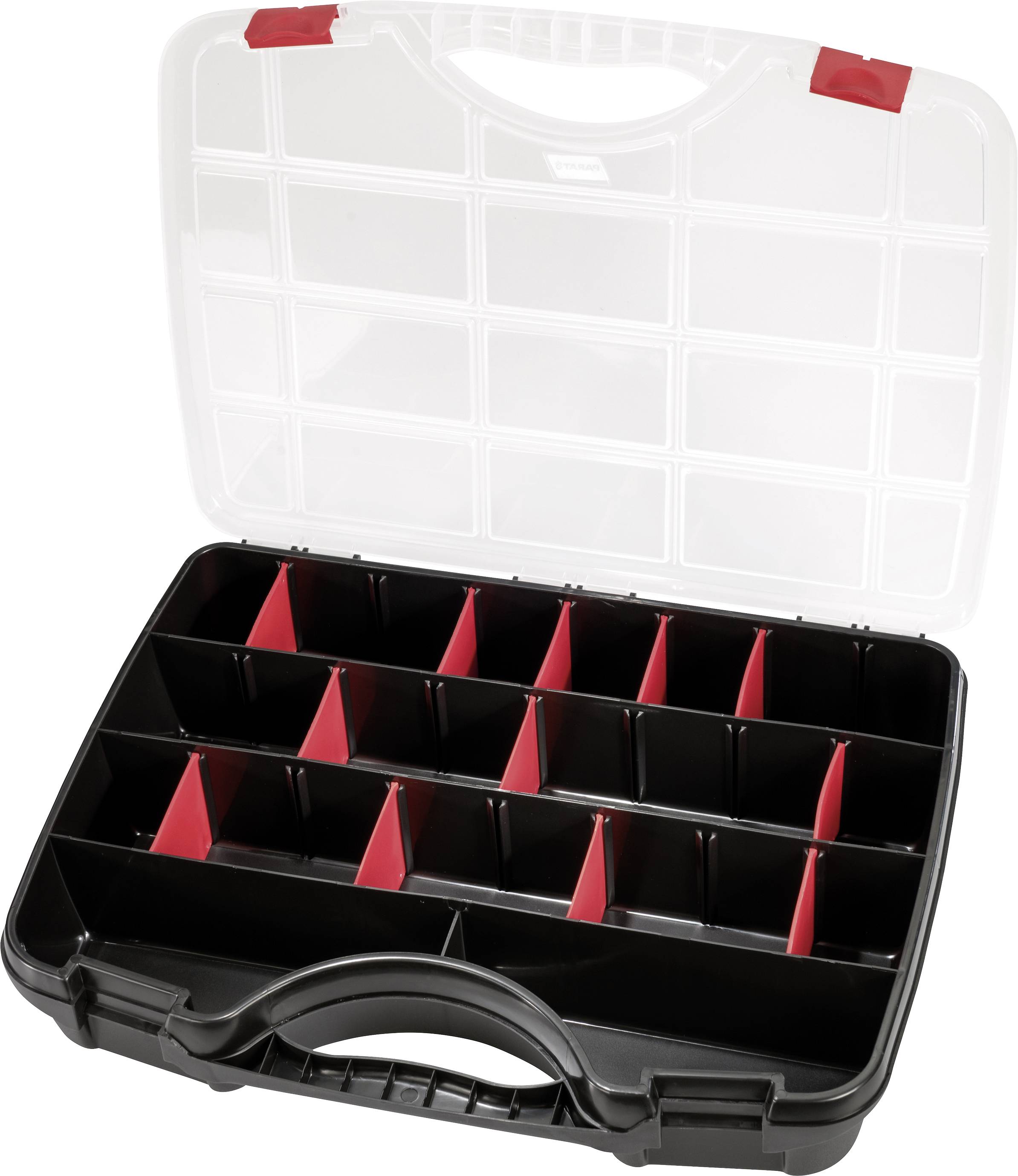 Otwarte pudełko z przegródkami z przezroczystą pokrywą, czarną obudową i czerwonymi przegrodami, odpowiednie do przechowywania drobnych elementów.