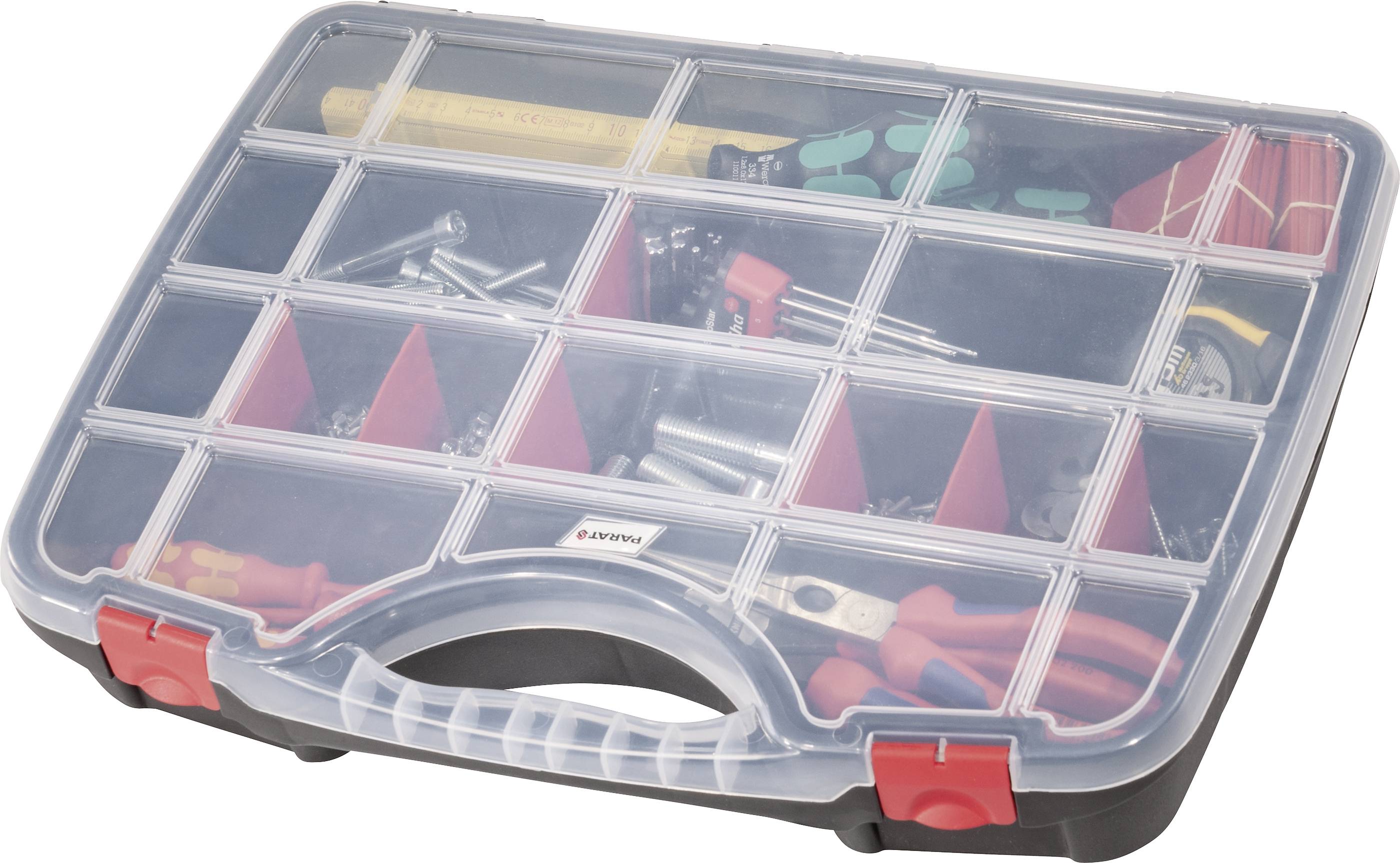 Przezroczysty, wielokomorowy pojemnik na narzędzia, wypełniony śrubami, miarką, wkrętakami i szczypcami.