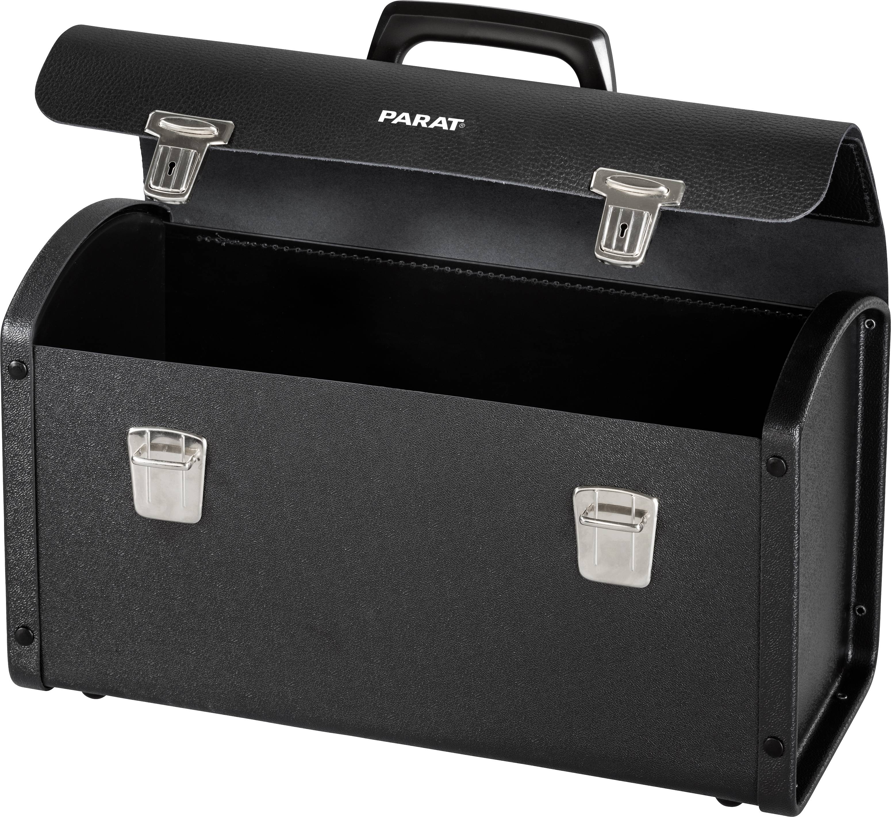 Czarny, otwarty kufer na narzędzia z dwoma srebrnymi zamkami i uchwytem na górze.